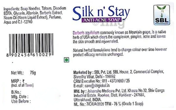 Silk N Stay Anti Acne Berberis Soap - 75gm