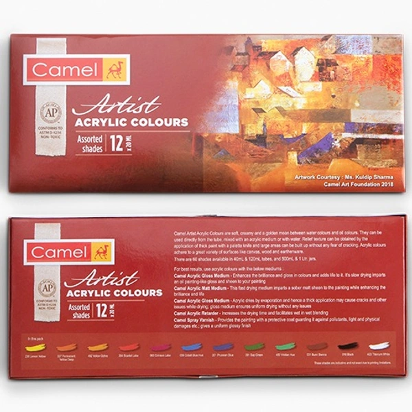 Camel  Artist  Tube Acrylic  Colours - 12 shades in 20 ml