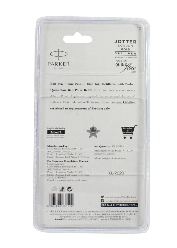 Parker Jotter London Gold Ball Pen - blue, Gold