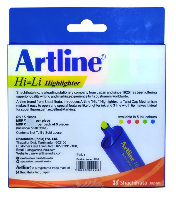 Artline Hi=Li Highlighter - Set Of 5.