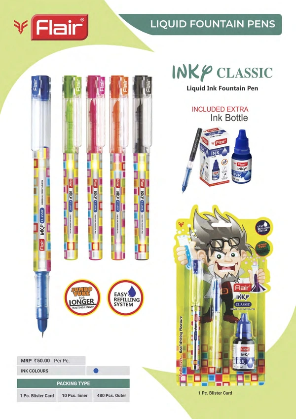 FLAIR Inky Series Classic Liquid Ink Fountain Pen - Blue, Assorted