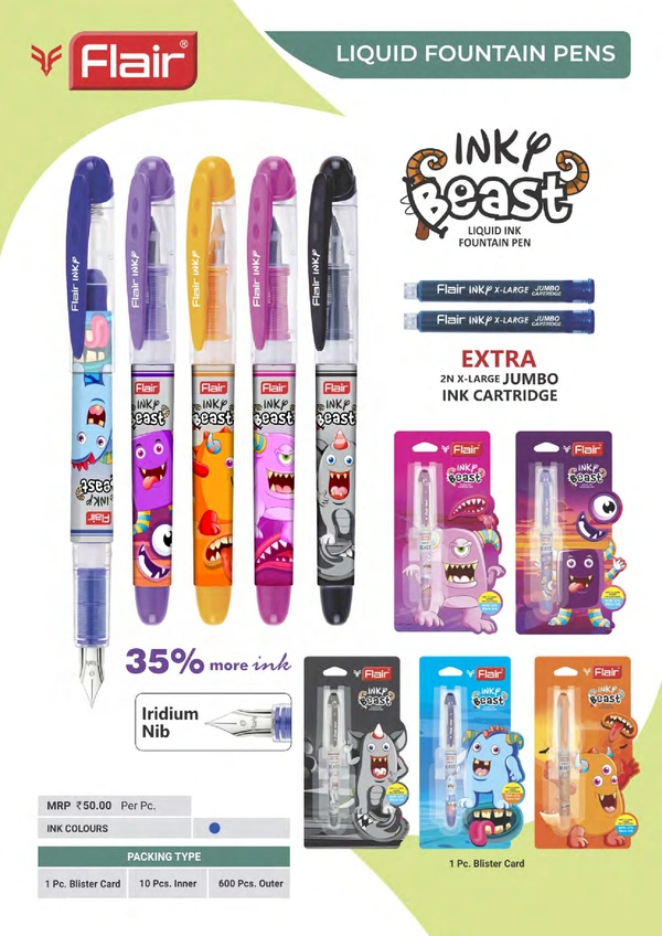 FLAIR Inky Beast Liquid Ink Fountain Pen - Assorted, Blue