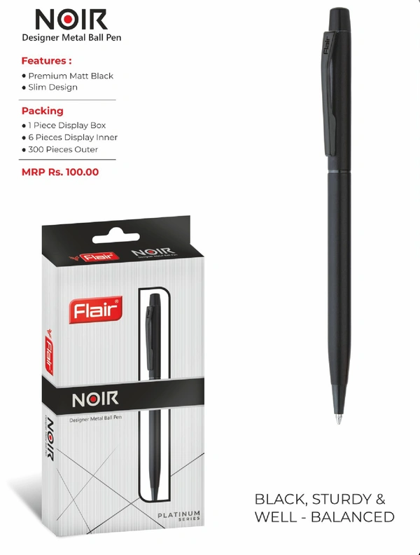 Flair NOAR Platinum Series Designer Metal Ball Pen - Premium Matt Black, Blue