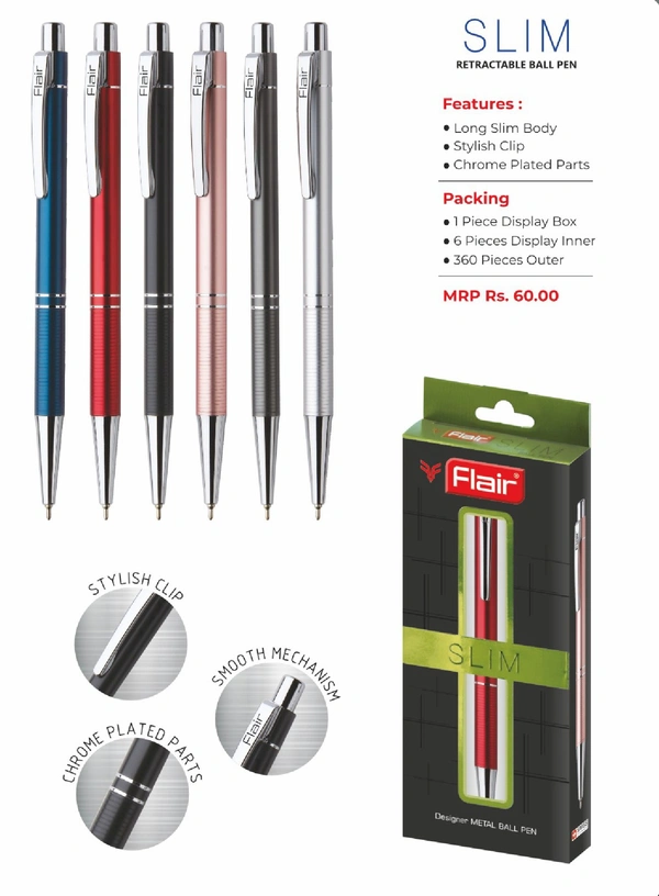 Flair slim designer metal ball pen - Assorted, Blue