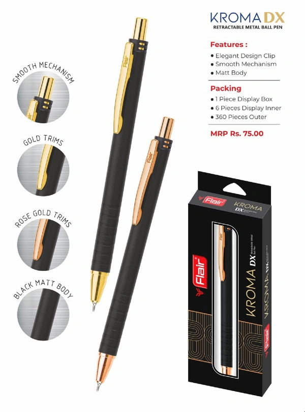 Flair kroma DX retractable metal ball pen - Black Matt, Blue