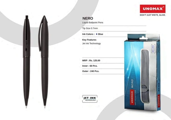 Unomax Nero Premium Metal Body Ball Point Pen - Charcoal Black, Blue