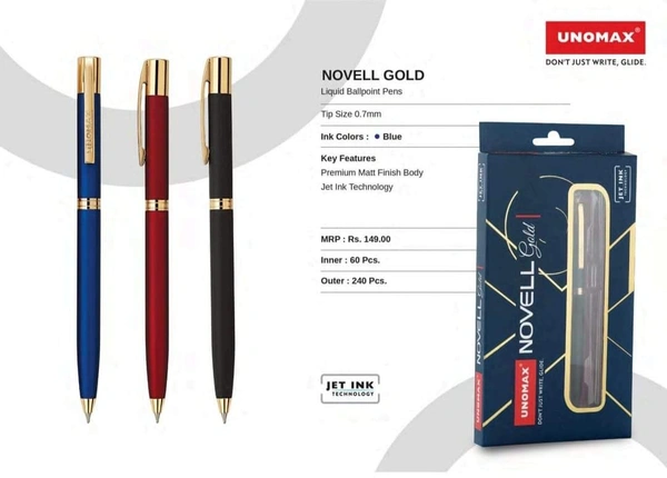 Unomax Novell Gold Premium Metal Body Ball Point Pen - Matt Black, Blue