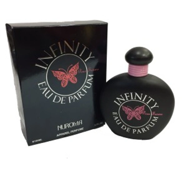 INFINITY WOMEN BLACK - TOP NOTES :  Freesia, Peony, Passionfruit  HEART NOTES :   Pink Tulip, Ylang Ylang, Jasmine, Rose.  BASE NOTES :   Vetiver, Woody notes, Vanilla, Tonka.