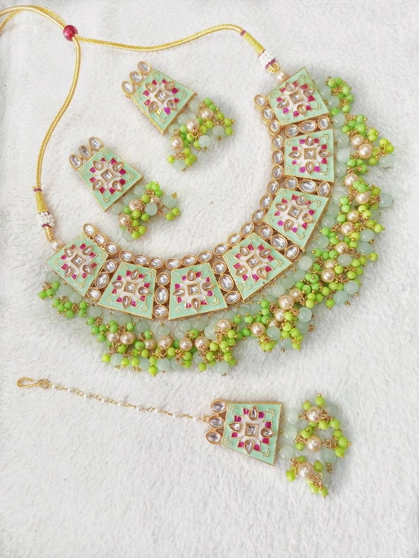 Meenakari Choker Set With Tikka  - Pista