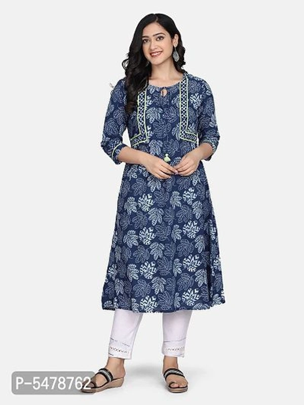 Alluring Navy Blue Cotton Hand Block Printed Straight Kurta For Women - Navy Blue, L
