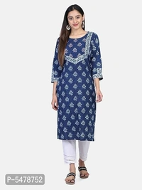 Alluring Navy Blue Cotton Hand Block Printed Straight Kurta For Women - Navy Blue, L