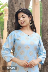 Stylish Rayon Blue Printed Round Neck 3/4 Sleeves Kurta With Pant Set For Women - XL