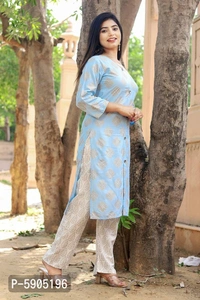 Stylish Rayon Blue Printed Round Neck 3/4 Sleeves Kurta With Pant Set For Women - XL