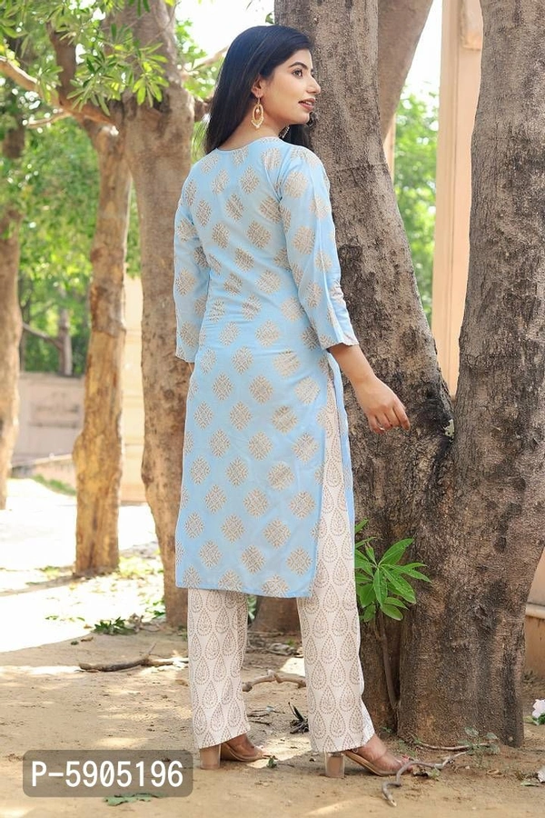 Stylish Rayon Blue Printed Round Neck 3/4 Sleeves Kurta With Pant Set For Women - XL