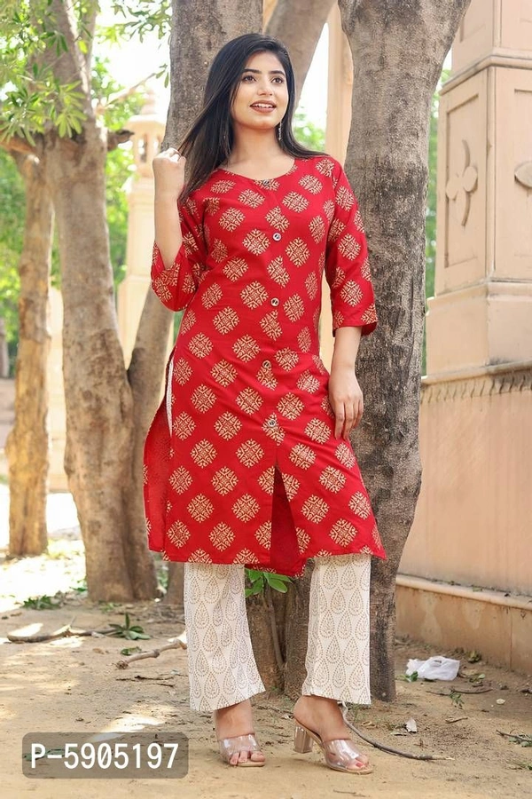 Stylish Rayon Red Printed Round Neck 3/4 Sleeves Kurta With Pant Set For Women - Red, 2XL