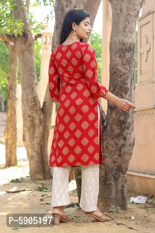 Stylish Rayon Red Printed Round Neck 3/4 Sleeves Kurta With Pant Set For Women - Red, 2XL
