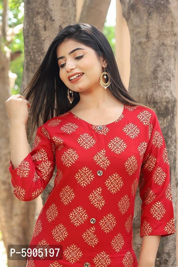 Stylish Rayon Red Printed Round Neck 3/4 Sleeves Kurta With Pant Set For Women - Red, 2XL