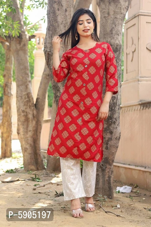 Stylish Rayon Red Printed Round Neck 3/4 Sleeves Kurta With Pant Set For Women - Red, 2XL