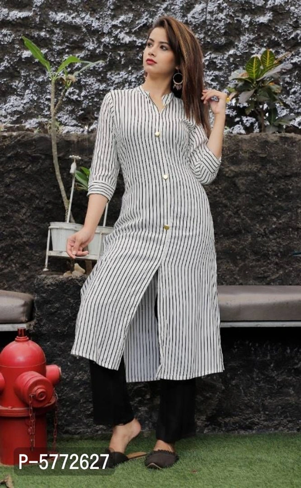 Front Slit Straight Lining Kurti with Show Button & Palazzo - White, L