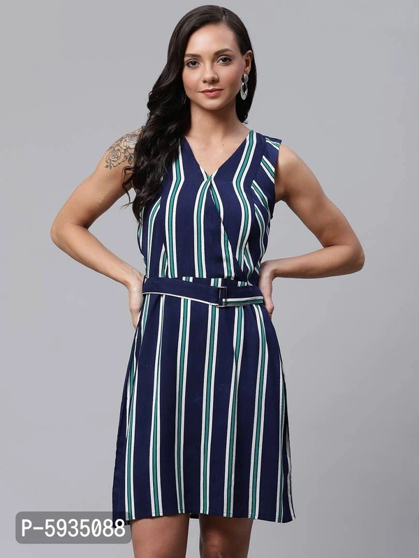 Elegant Navy Blue Rayon Striped Dress For Women - Navy Blue, XS (32 inches)
