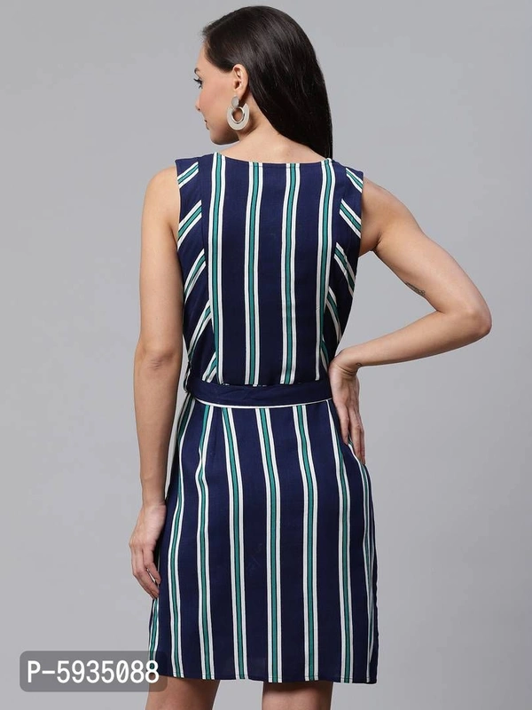 Elegant Navy Blue Rayon Striped Dress For Women - Navy Blue, XS (32 inches)