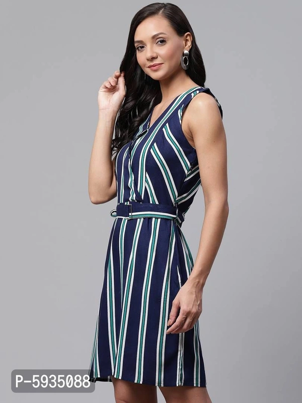 Elegant Navy Blue Rayon Striped Dress For Women - Navy Blue, XS (32 inches)