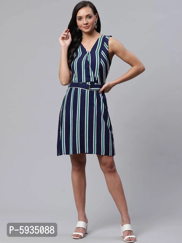 Elegant Navy Blue Rayon Striped Dress For Women - Navy Blue, S (34 inches)