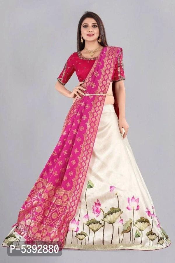 WHITE FLORAL PRINT LEHENGA CHOLI WITH DUPATTA - Peach, Lehenga Length: 46 || Choli Size: 0.80 Mtr || Choli Size: 0.80 Mtr