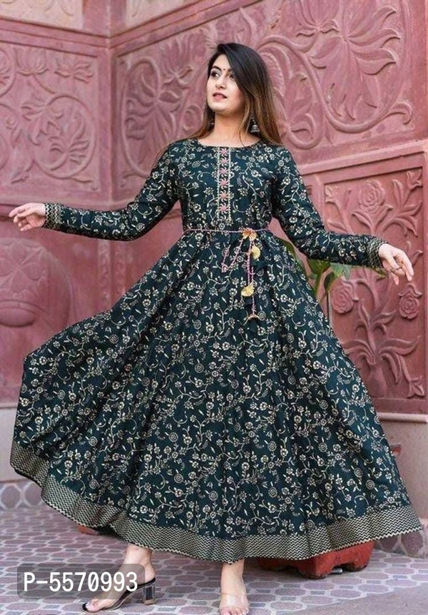 Latest Beautiful Rayon Foil Print Stitched Ethnic Gown - Multicoloured, L