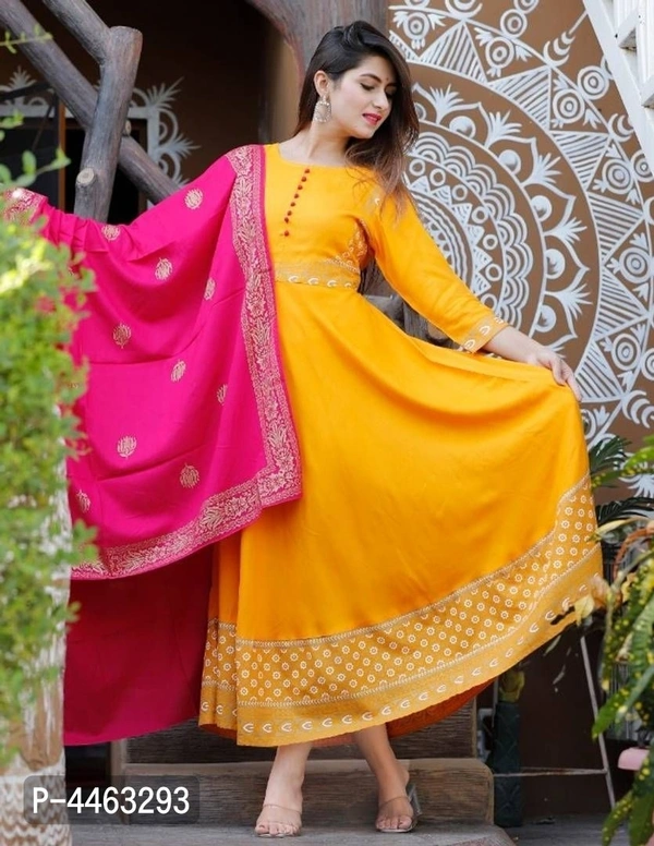 Rayon Ethnic Gown With Dupatta - L, Multicolour