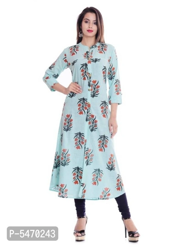 Stylish Cotton Floral Printed 3/4 Sleeves Kurta For Women - Turquoise, XL
