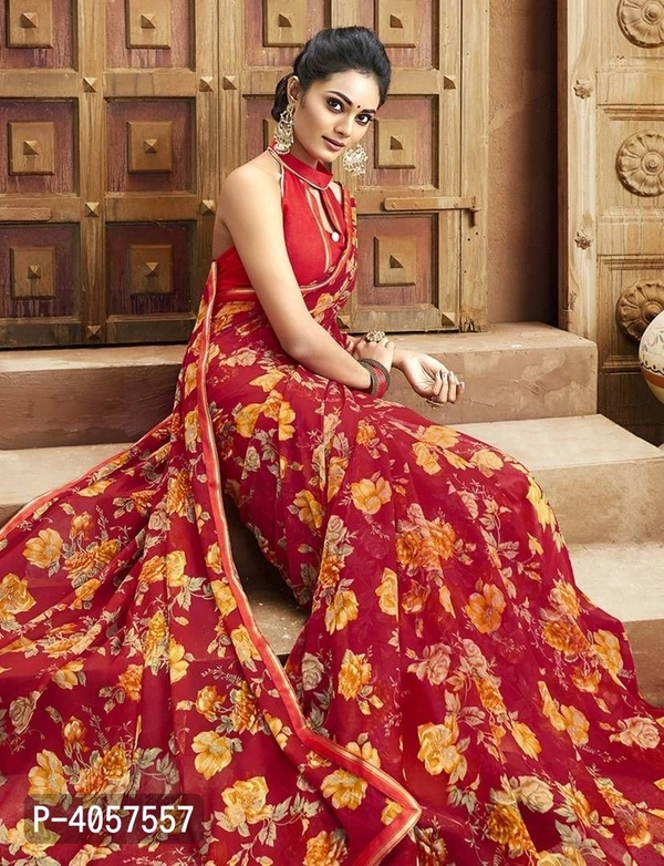 Red Colour Chiffon Casual Wear Printed Saree With Blouse Piece - Red, Saree Length: 5.3 (in metres) || Blouse Length: 0.8 (in metres)