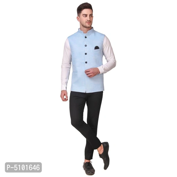 Stylish Cotton Blue Solid Ethnic Waistcoat For Men - Blue, L
