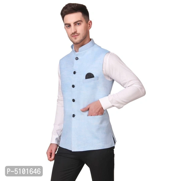 Stylish Cotton Blue Solid Ethnic Waistcoat For Men - Blue, 2XL