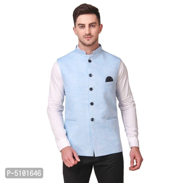 Stylish Cotton Blue Solid Ethnic Waistcoat For Men - Blue, 2XL