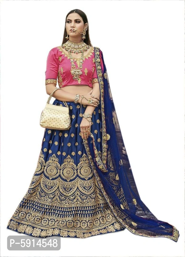 Women's Blue Semi-Stitched Embroidered Satin Silk Lehenga Choli - Waist: 28.0 - 44.0 (in inches) || Bust: 28.0 - 44.0 (in inches), Blue