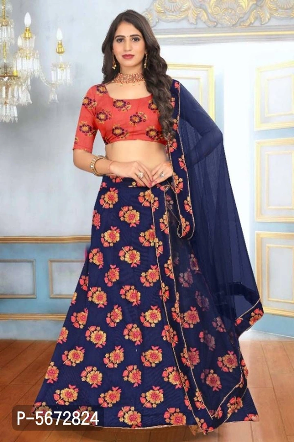 Fancy Art Silk Semi Stitched Lehenga choli for Women - Navy Blue, Waist: 34.0 - 44.0 (in inches) || Bust: 28.0 - 38.0 (in inches)