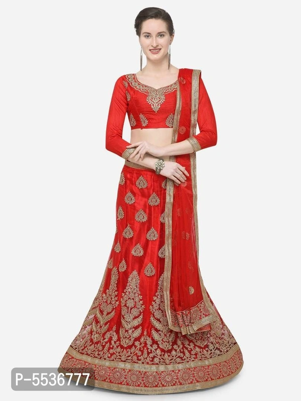 Stylish Net Red Lehenga With Choli And Dupatta Set For Women - Waist: 38.0 - 42.0 (in inches) || Bust: 38.0 - 42.0 (in inches), Red