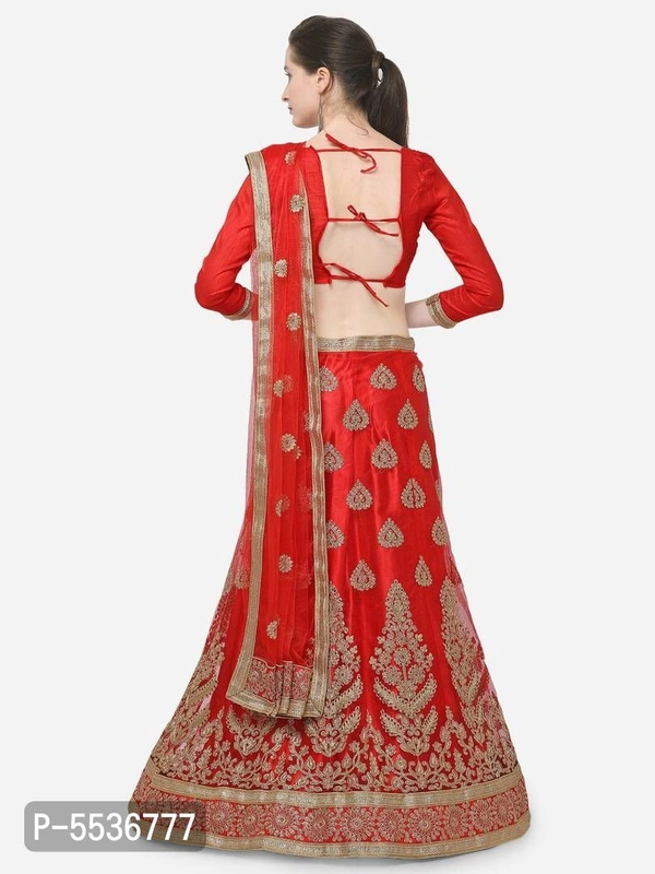 Stylish Net Red Lehenga With Choli And Dupatta Set For Women - Waist: 38.0 - 42.0 (in inches) || Bust: 38.0 - 42.0 (in inches), Red