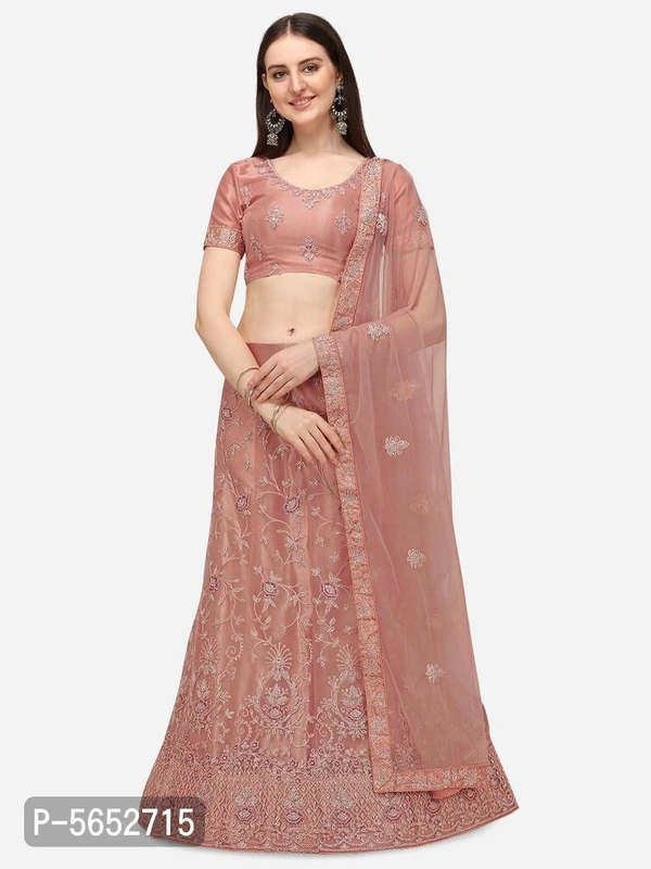 Peach Net Designer Embroidery With Silver Sequence Lehenga & Choli (Semi-Stitched) - Waist: 30.0 - 44.0 (in inches) || Bust: 34.0 - 42.0 (in inches) , Peach