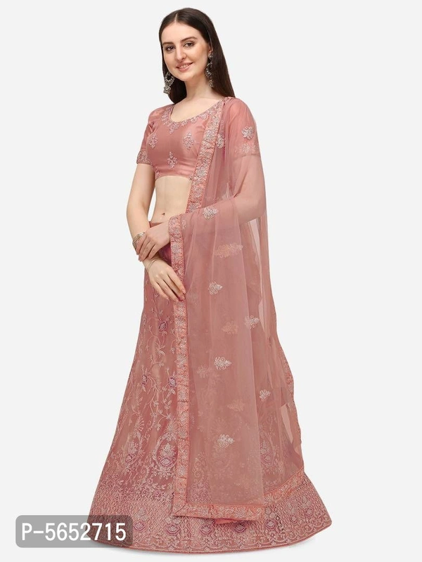 Peach Net Designer Embroidery With Silver Sequence Lehenga & Choli (Semi-Stitched) - Waist: 30.0 - 44.0 (in inches) || Bust: 34.0 - 42.0 (in inches) , Peach