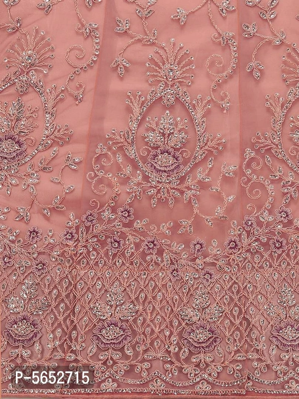 Peach Net Designer Embroidery With Silver Sequence Lehenga & Choli (Semi-Stitched) - Waist: 30.0 - 44.0 (in inches) || Bust: 34.0 - 42.0 (in inches) , Peach