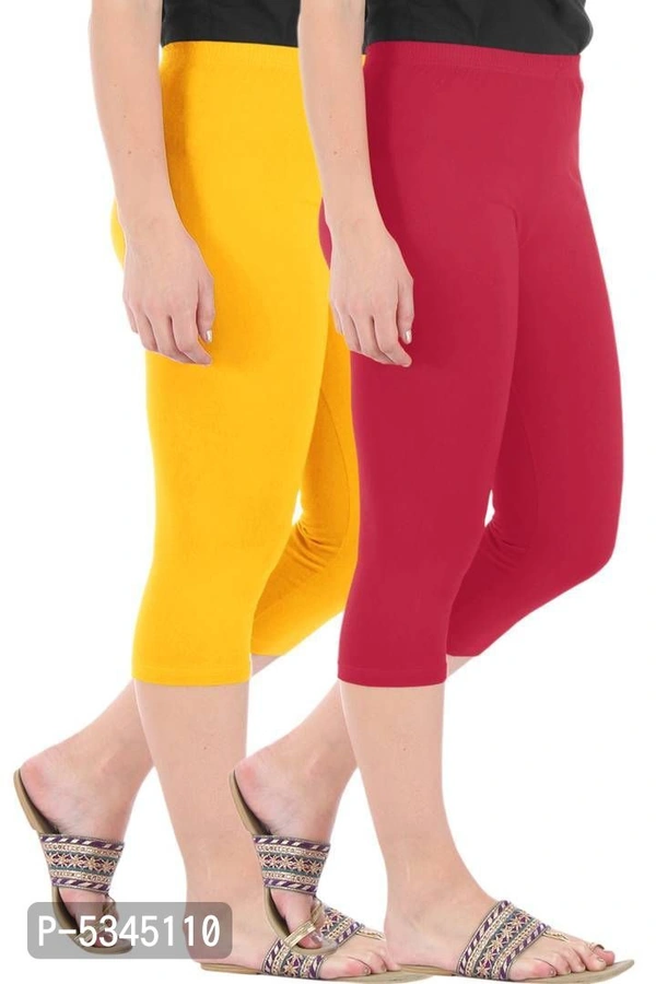 Stylish Cotton Blend Yellow & Maroon Solid Skinny Fit 3/4 Capris Leggings for Women ( Pack Of 2 ) - Multicoloured, 2XL