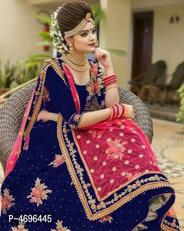 Embroidered Velvet Semi Stitched Lehenga Choli - Navy Blue
