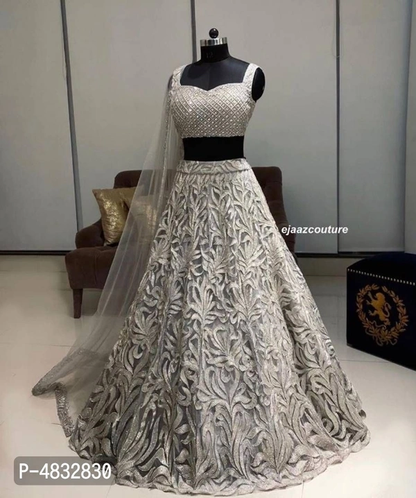 Latest Attractive Net Embroidered Semi Stitched Lehenga Choli - Off White