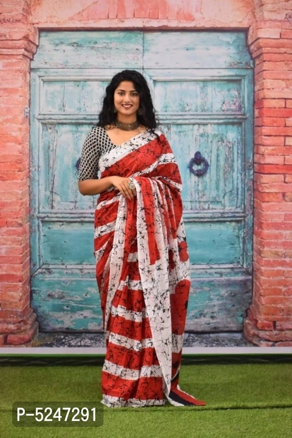 Jaipuri Printed Cotton Mulmul Saree / Cotton Malmal Saree / Cotton Saree With Attached Blouse Piece For Woman - Red, Saree Length: 5.5 (in metres) || Blouse Length: 0.9 (in metres)