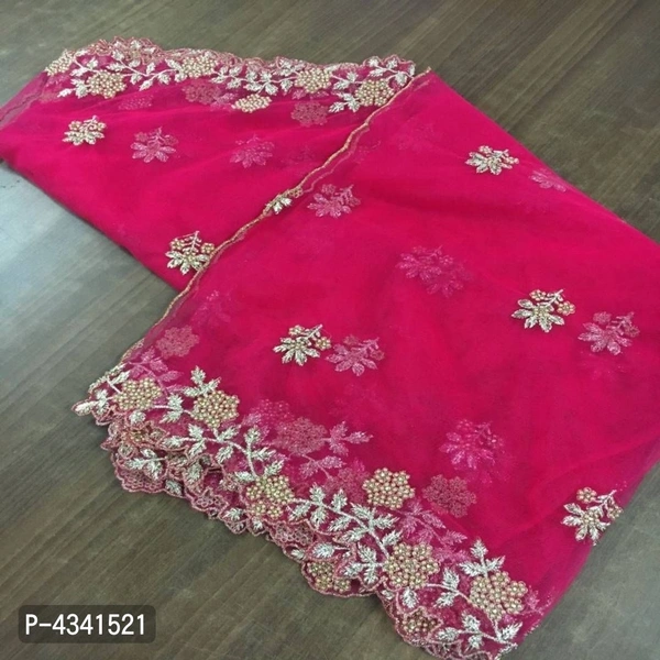 Fabric and Lace Women's Organza and Net Sequence and Zari Embroidery Dupatta - Pink