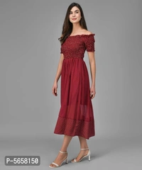 Elegant Maroon Polyester Self Design Maxi Dress For Women - Maroon, M (38 inches)