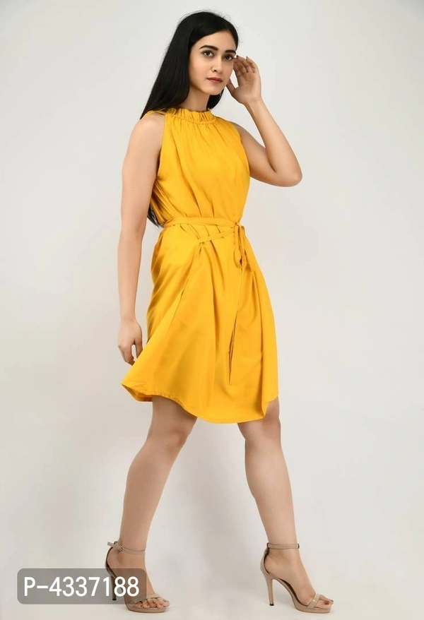 Modern Yellow Crepe Fit And Flare Dress For Women - yellow, l (40 inches)
