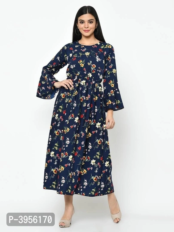 Women's Maxi Length Printed Blue Crepe Maxi Dress - Blue, S (34 inches)